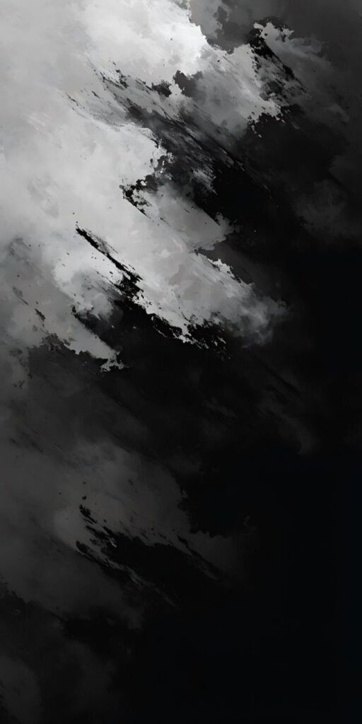 Abstract black and white paint strokes create a dynamic, textured background with contrasting light and dark areas.