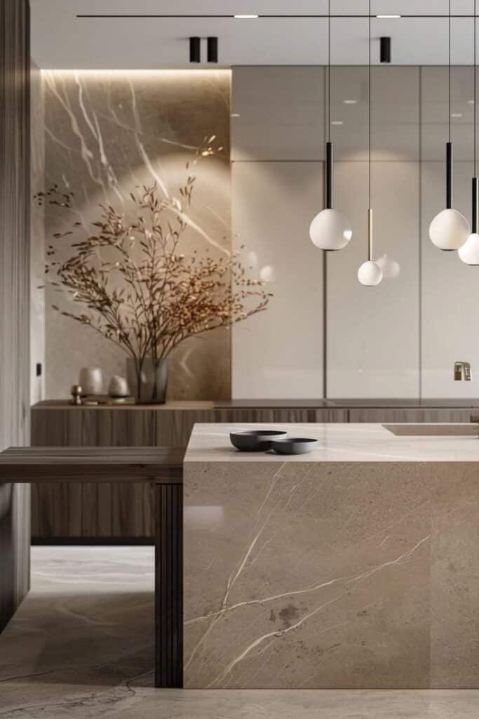 Modern kitchen with marble island, pendant lights, and decorative plants, showcasing contemporary interior design.
