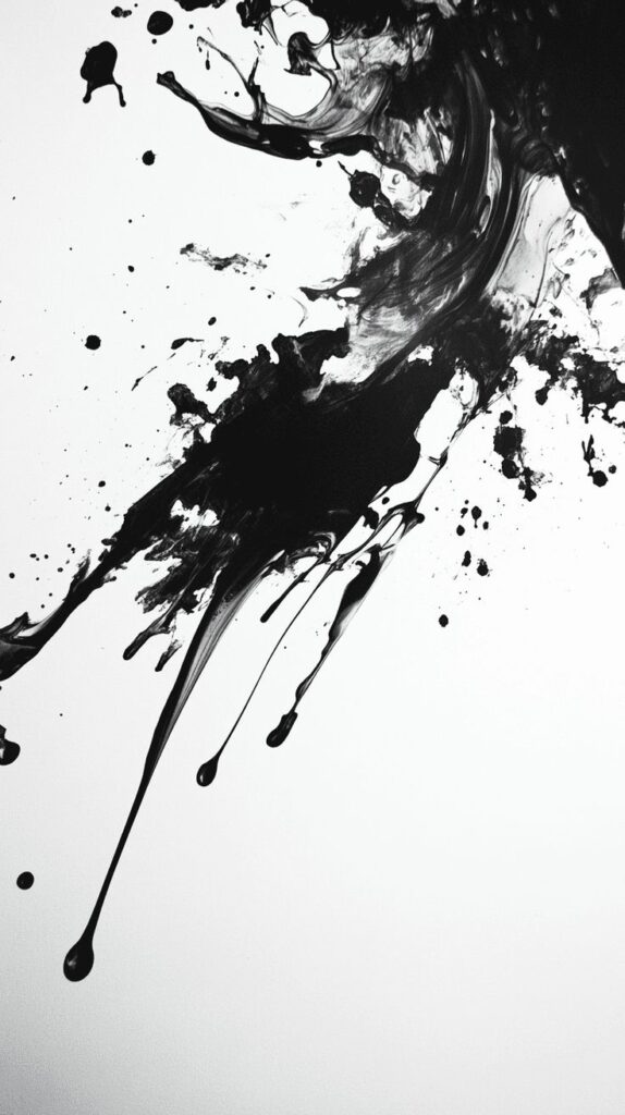 Dynamic black ink splash on white background, abstract art design concept.