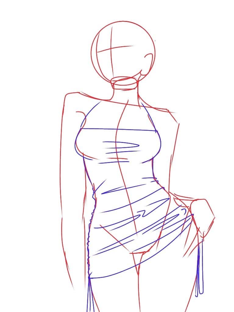 Sketch of a fashion design featuring a fitted dress on a mannequin.