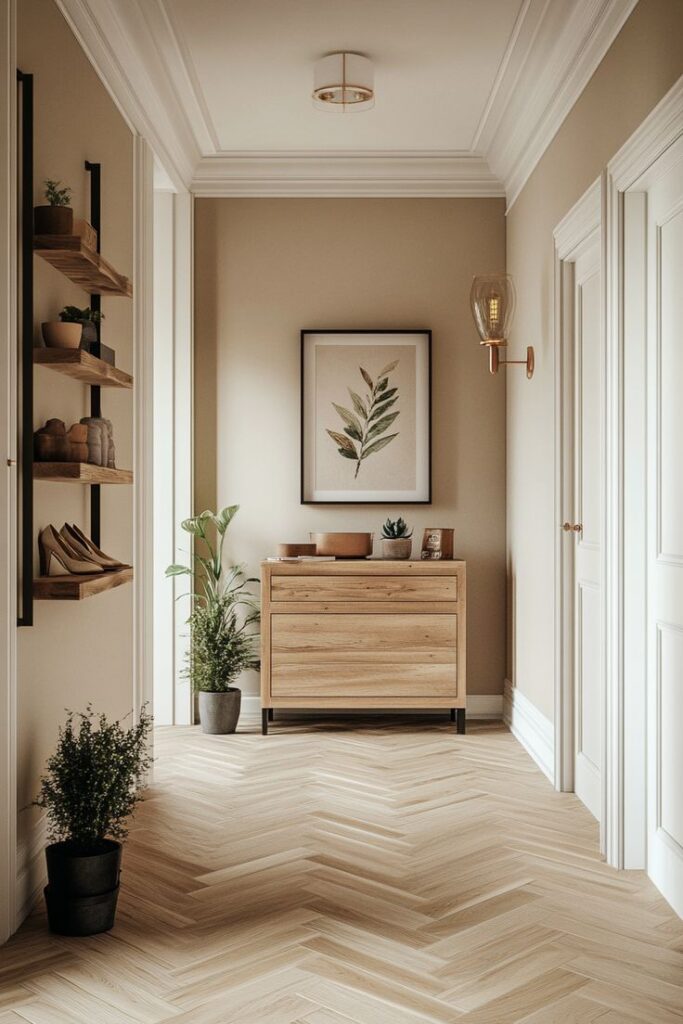 Modern hallway with wooden chest, framed leaf art, plants, and soft lighting for a cozy, elegant atmosphere.
