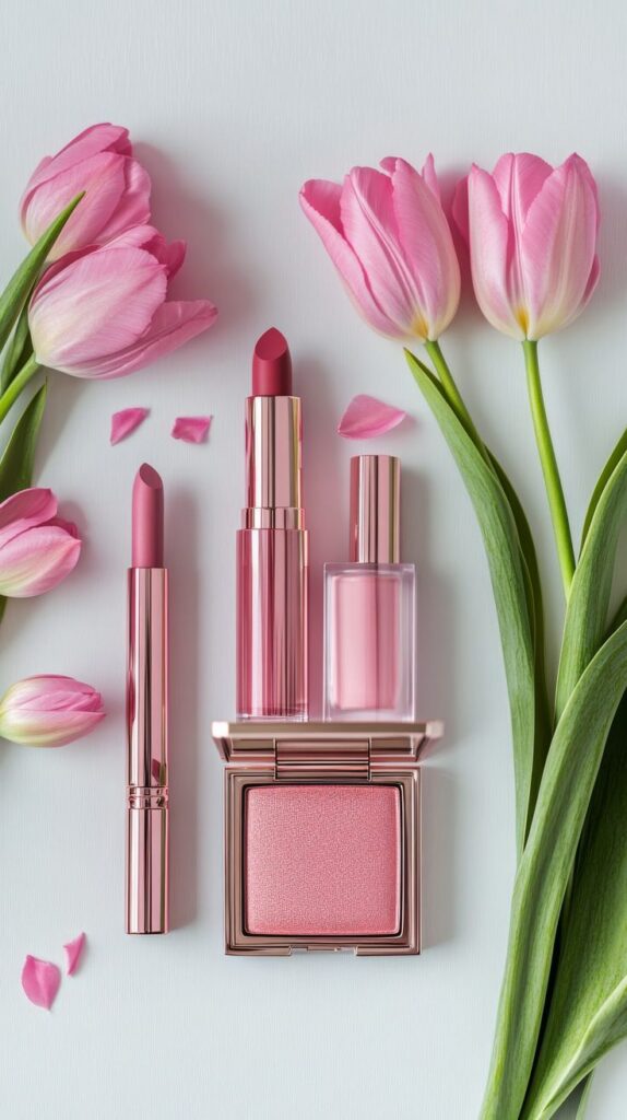 Pink makeup set with lipstick, perfume, and blush next to blooming tulips on a white surface. Elegant beauty arrangement.