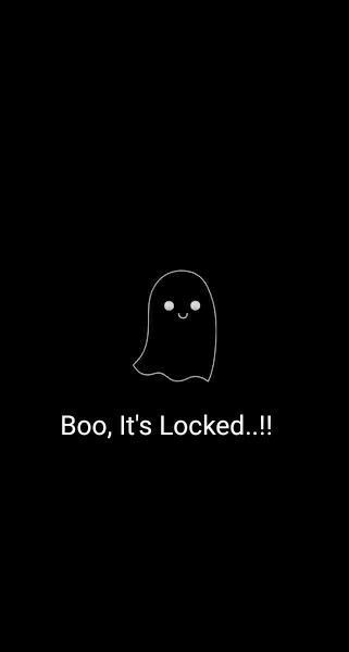 Cute ghost with Boo, It's Locked! text on black background, symbolizing a playful security message.