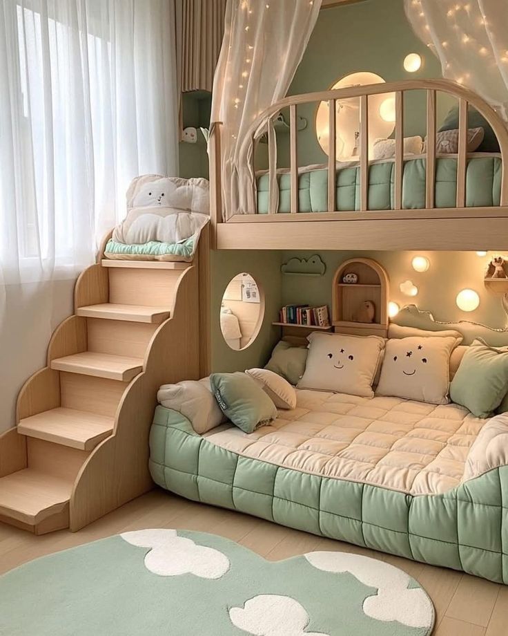 Cozy children's loft bed with cute cloud theme, mint green and beige decor, fairy lights, and playful cushions.