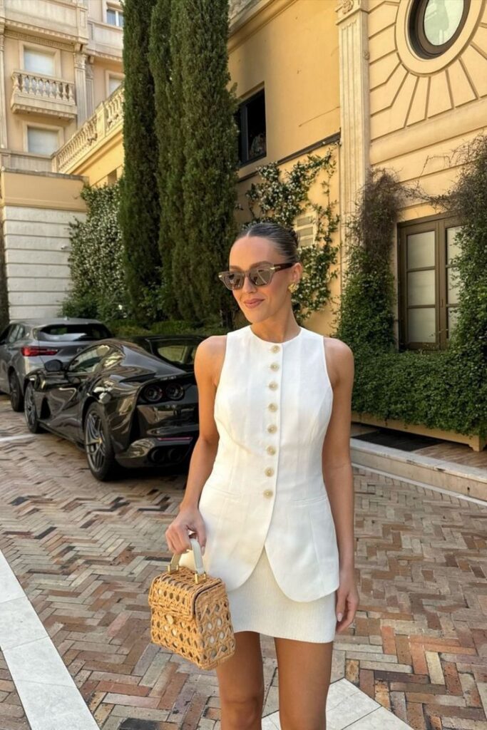 Woman in elegant white outfit, holding wicker bag, stands by luxury car and greenery-adorned building.