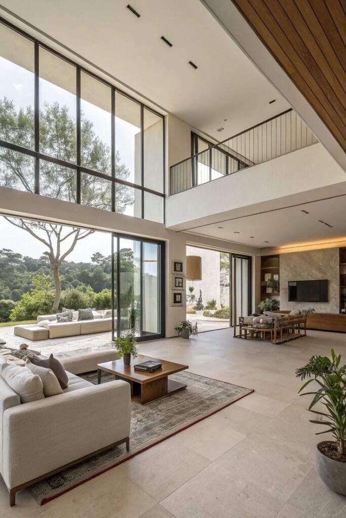 Modern living room with large windows, open design, elegant furniture, and scenic outdoor views.