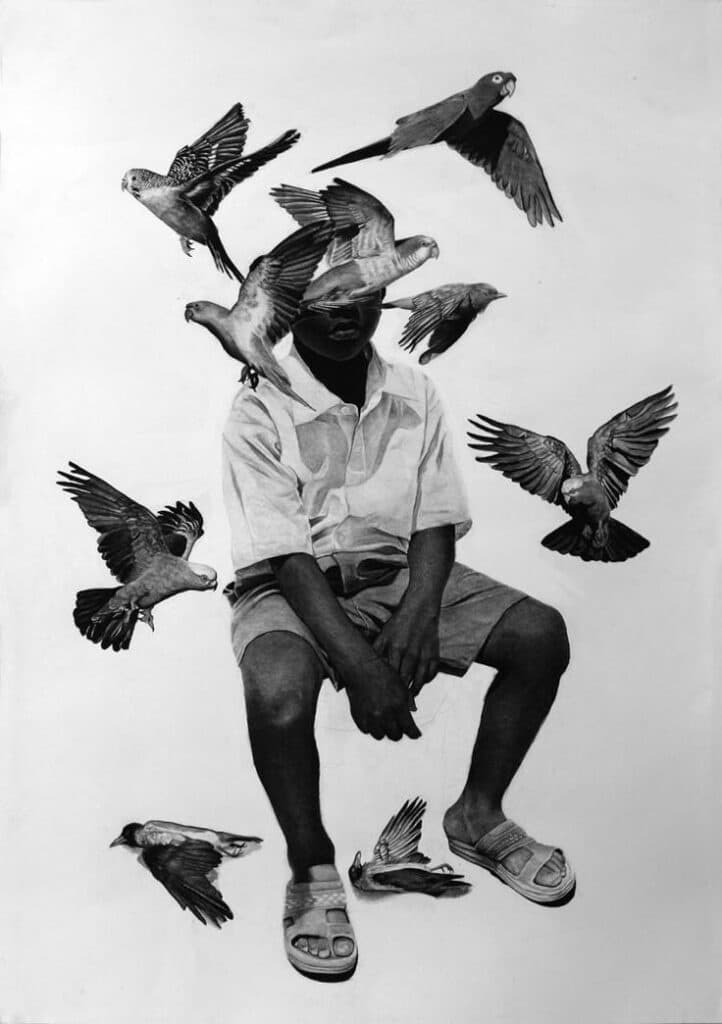Charcoal drawing of a seated person surrounded by birds, conveying a sense of freedom and contemplation.