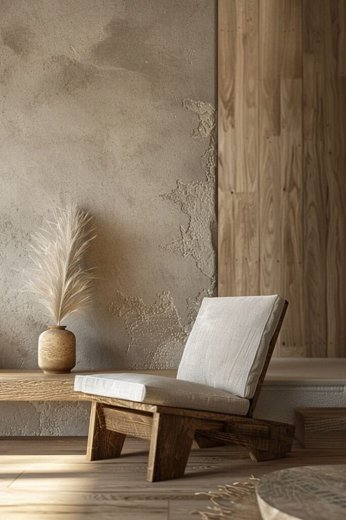 Minimalist wooden chair in a serene, earthy living room with textured walls and a pampas grass vase.