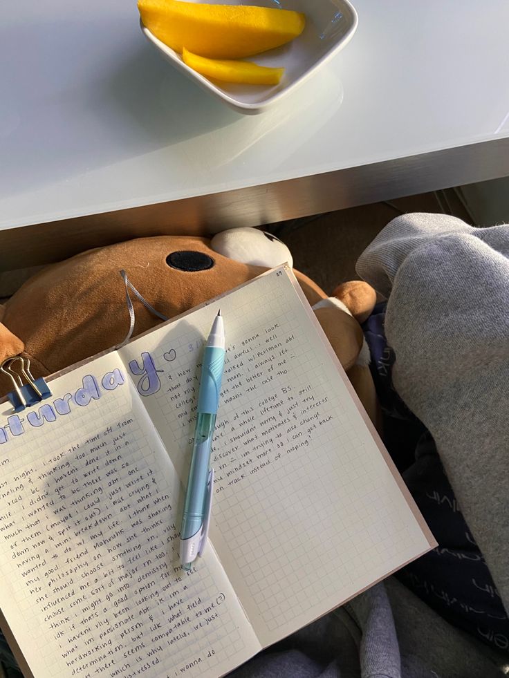 Cozy journaling setup with open notebook, pen, and sliced mango on a table, bathed in warm sunlight.