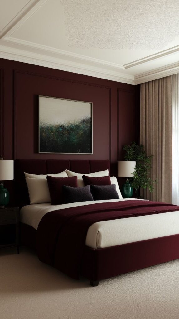 _ 19 Elegant bedroom with burgundy accents, modern artwork, lush plant, and cozy bedding in soft, neutral colors. | Sky Rye Design Elegant bedroom with burgundy accents, modern artwork, lush plant, and cozy bedding in soft, neutral colors.