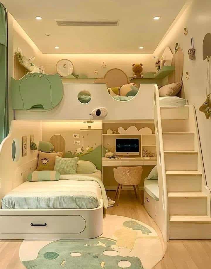 Modern kids' room with a stylish bunk bed, play area, and study desk in soft green and white tones.