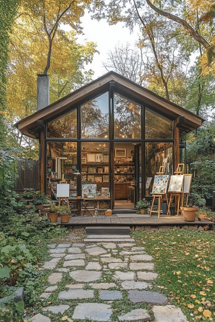 Charming art studio surrounded by lush greenery with large glass windows and vibrant paintings on easels.