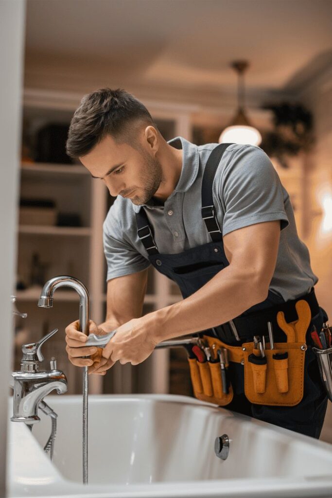 Plumber fixing kitchen sink with wrench, wearing tool belt and uniform in a modern home.
