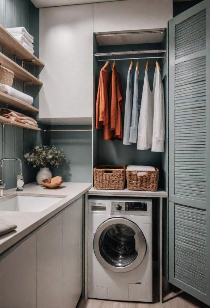 Compact laundry room with washer, shelving, clothes rack, and storage baskets for organized space.