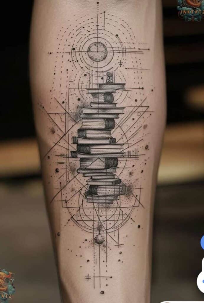 Geometric tattoo design featuring a stack of books with intricate lines and dots on forearm.
