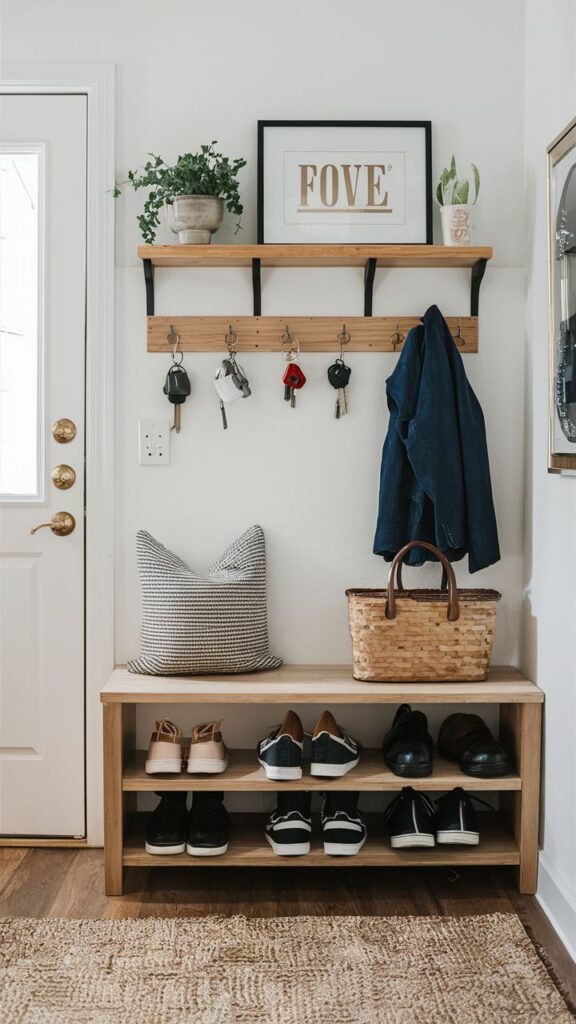 Cozy entryway with wooden shoe rack, coat hooks, woven basket, and framed art. Assorted shoes neatly organized.