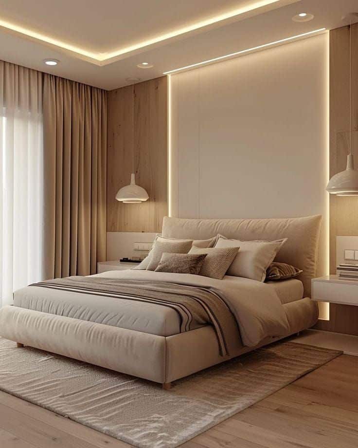 Elegant modern bedroom with ambient lighting, large bed, beige tones, and stylish decor. Cozy and inviting space.