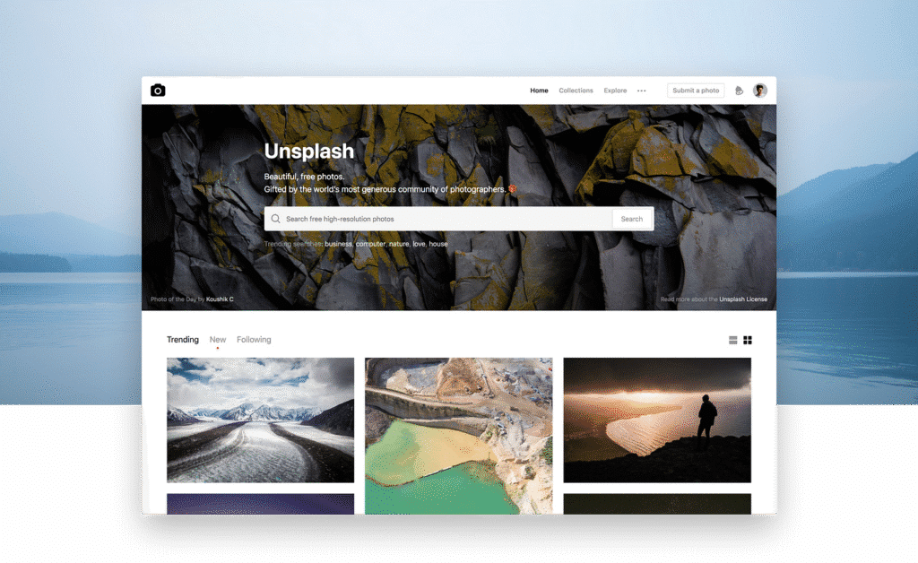 Unsplash homepage featuring a photo search bar and trending image categories like business and nature.