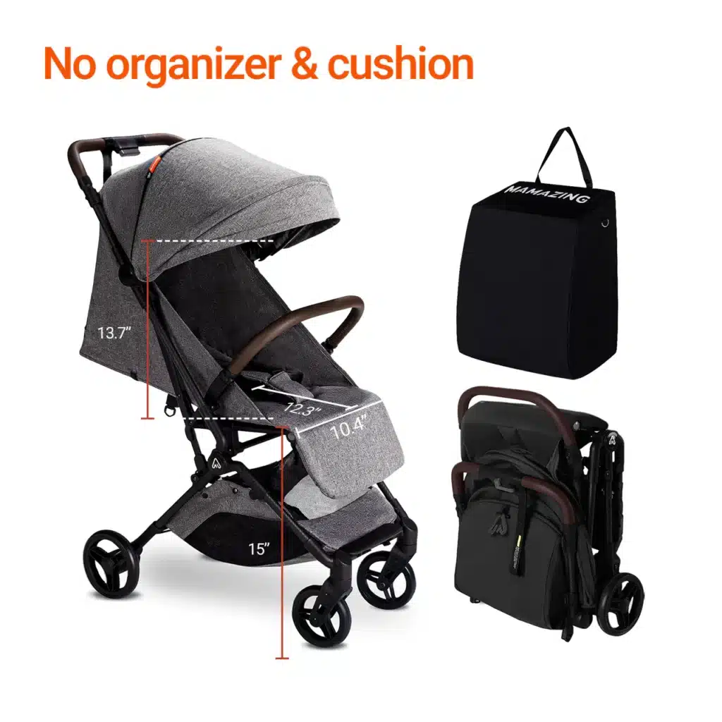Lightweight stroller with dimensions highlighted, shown folded and unfolded. Includes carrying bag, no organizer or cushion.