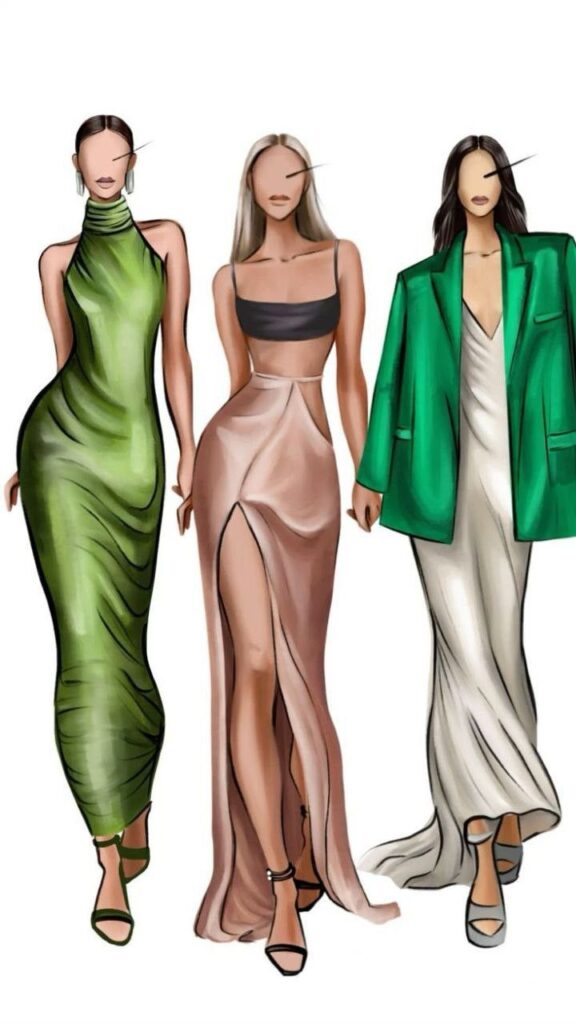 Fashion illustration of three women in elegant dresses and a green jacket.