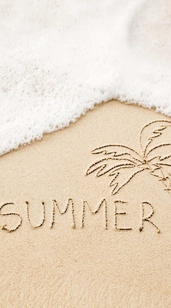 Beach with 'Summer' written in sand near ocean waves and a palm tree drawing.