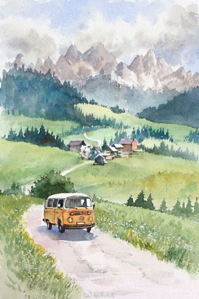 Yellow van driving on a scenic mountain road near a village with alpine backdrop.