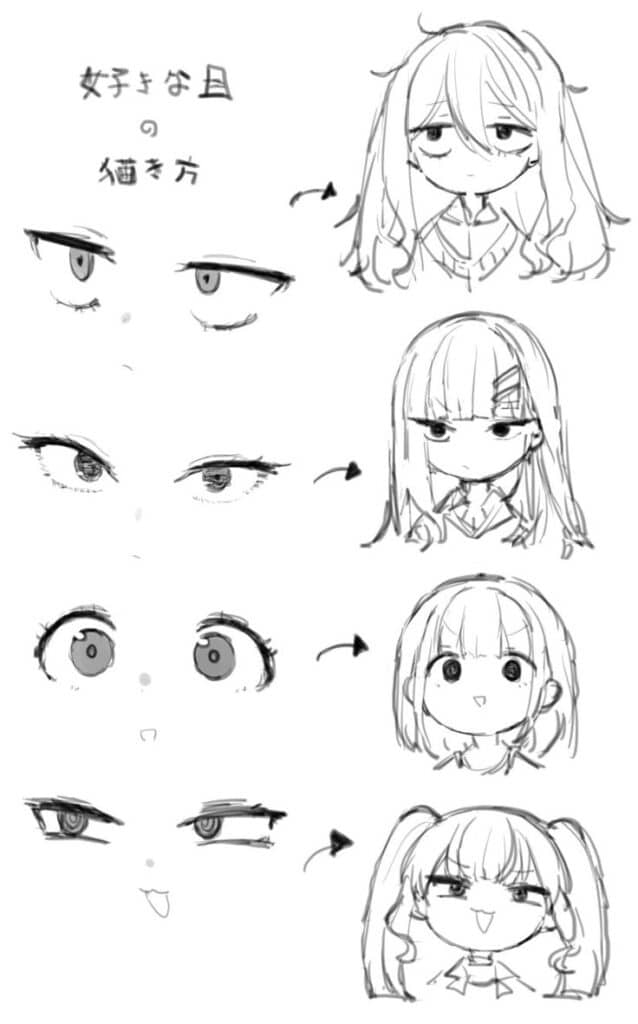 Anime eye drawing tutorial showing different eye expressions and their corresponding character sketches.
