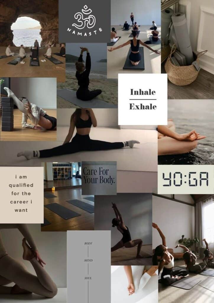 Collage of yoga poses, meditative practices, and motivational quotes for body mind soul balance and wellness.