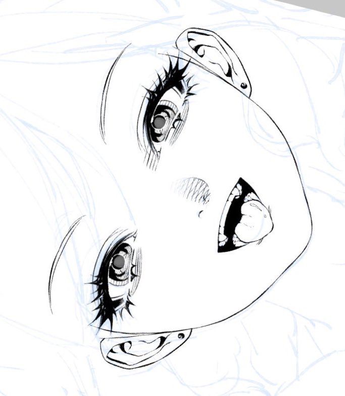 Close-up of a detailed manga character's face, smiling with expressive eyes and open mouth, black and white illustration.