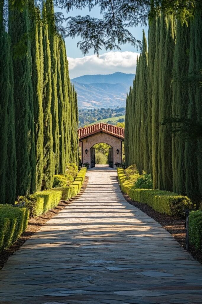 A picturesque pathway lined with tall cypress trees leads to a rustic archway with mountains in the background.