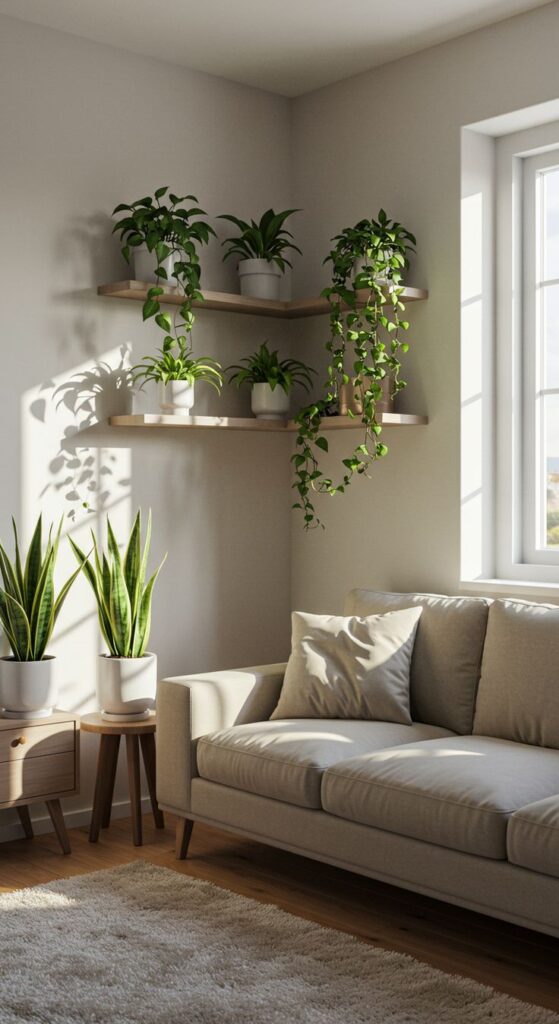 Modern living room with indoor plants, natural light, beige sofa, and wooden shelves. Perfect cozy interior design.