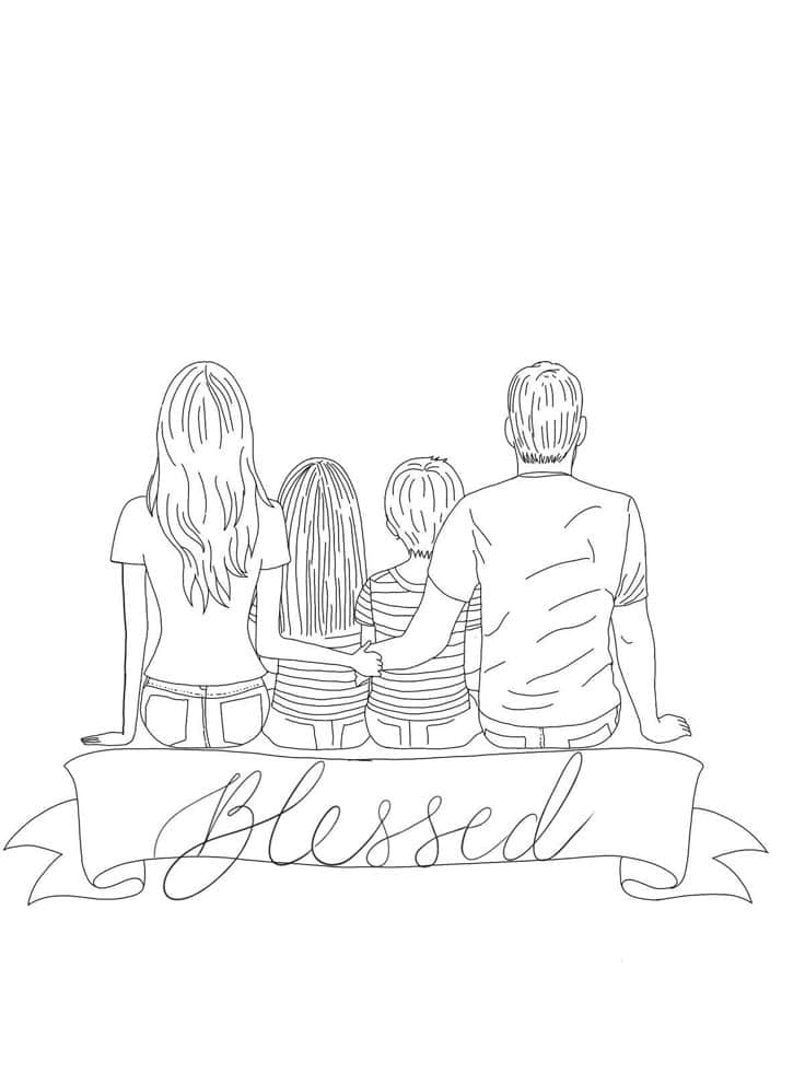 Line drawing of a family of four sitting together with Blessed written below, representing love and togetherness.