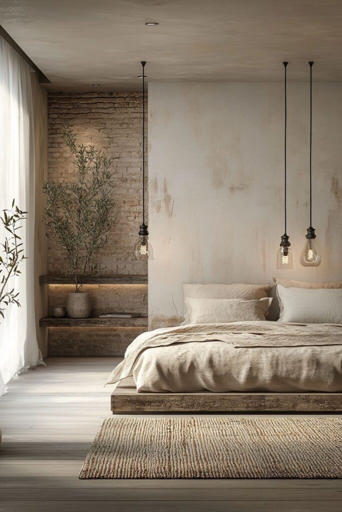 Minimalist bedroom with rustic brick wall, wooden bed, cozy bedding, hanging light bulbs, and potted plants.
