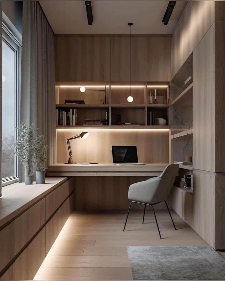 Minimalist modern home office with wooden shelves, desk, chair, and warm lighting—perfect for productivity.