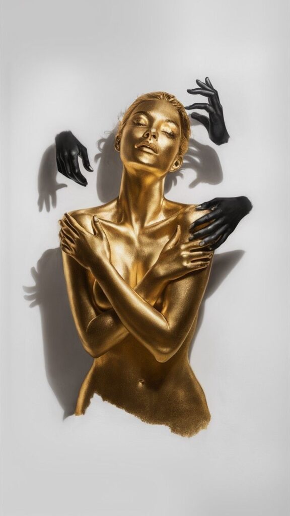 Gold-painted model with black hands reaching, creating a striking contrast and artistic expression on white background.