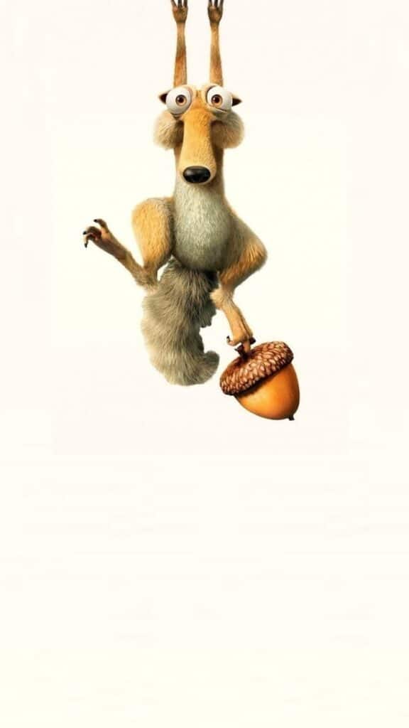 Animated squirrel hanging with an acorn, wide-eyed expression, white background.