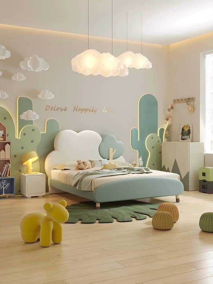 Whimsical children's room with cloud lighting, playful decor, and cozy bed in pastel colors for a magical atmosphere.