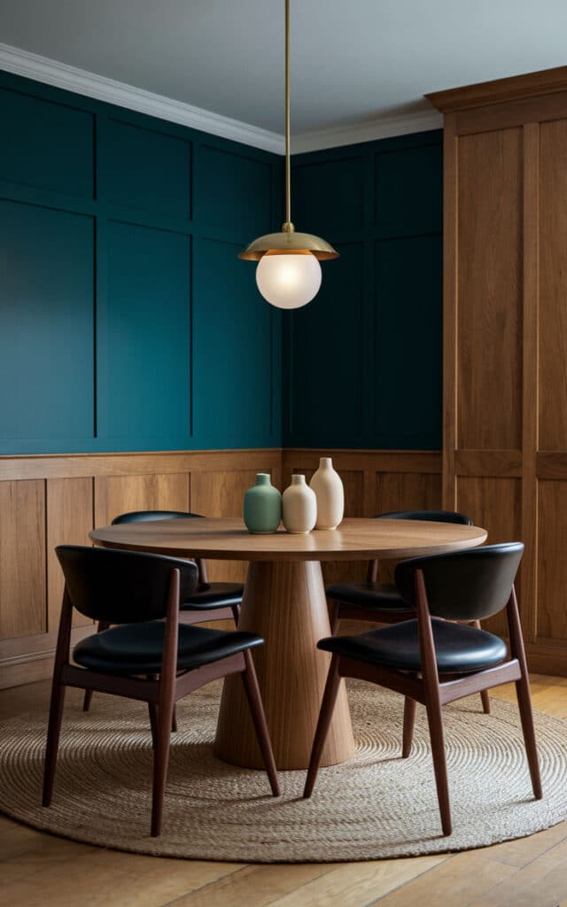 Modern dining room with round wooden table, chic chairs, pendant light, and decorative vases on woven rug.