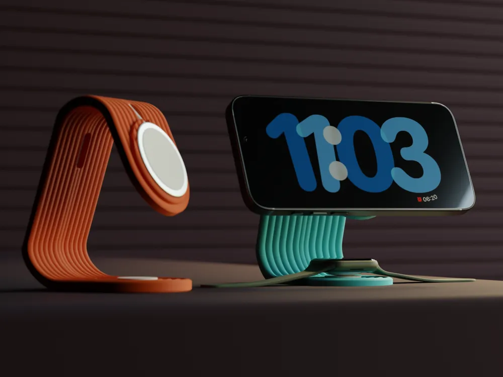 Colorful modern phone stands with smartphone displaying time, 11:03. Ideal for charging and home decor.
