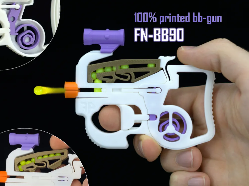 2025-03-15_5ca8ff6c28f938 3D printed FN-BB90 mini BB gun held in hand, showcasing its compact design and unique color scheme. | Sky Rye Design 3D printed FN-BB90 mini BB gun held in hand, showcasing its compact design and unique color scheme.
