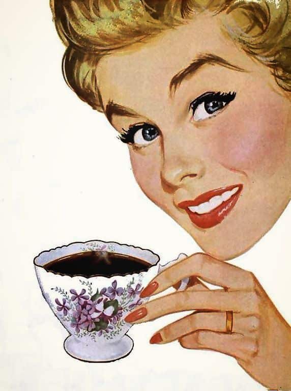 Vintage illustration of a smiling woman holding a floral teacup filled with coffee. iPhone Wallpapers Vintage