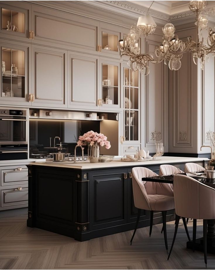 _ - 2025-05-14T035831125 Luxurious kitchen with elegant design, black island, ornate chandelier, and plush pink chairs. | Sky Rye Design Luxurious kitchen with elegant design, black island, ornate chandelier, and plush pink chairs.