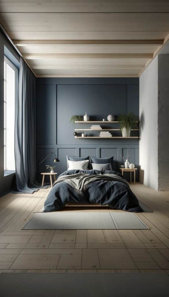 Modern bedroom with navy walls, wooden floors, and cozy bed. Shelves with decor enhance minimalist design.