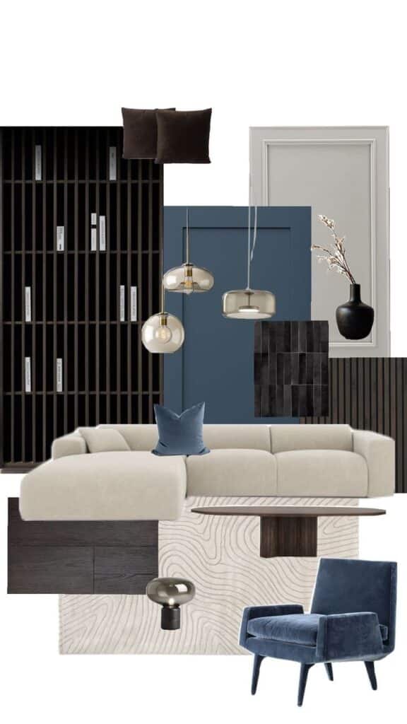 Modern living room design collage with beige sofa, blue chair, pendant lights, and dark wood accents.