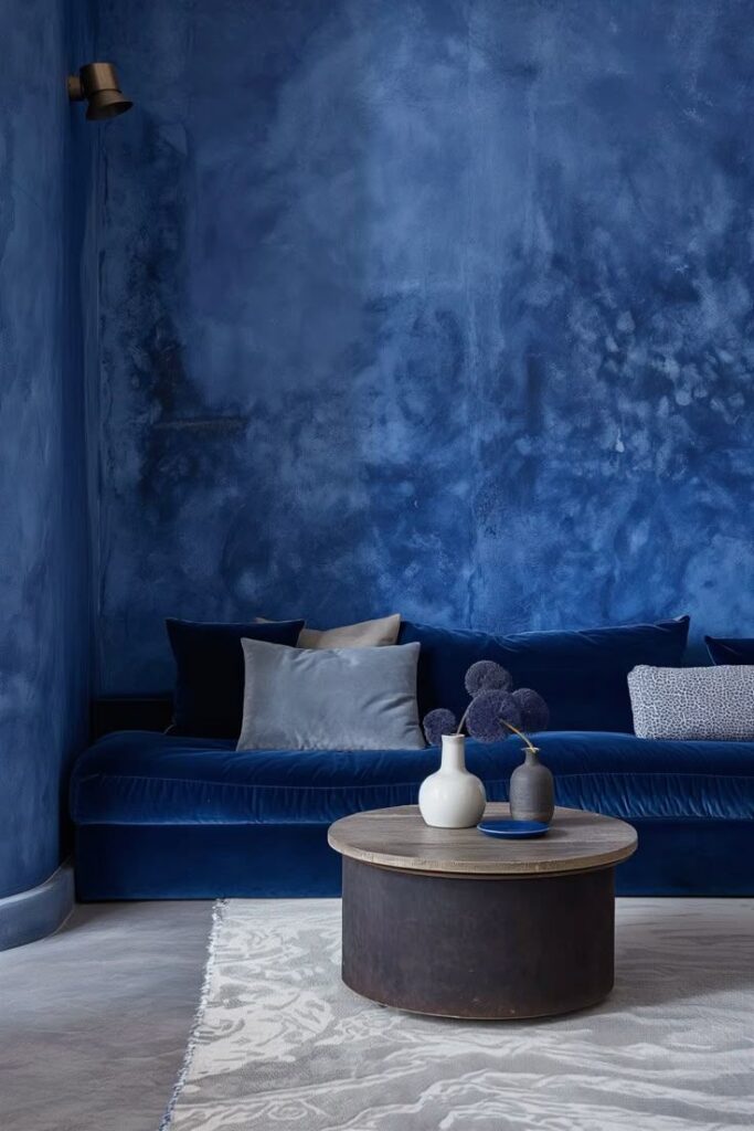 Stylish blue velvet sofa with pillows, round wooden coffee table, and textured navy wall in modern living room.
