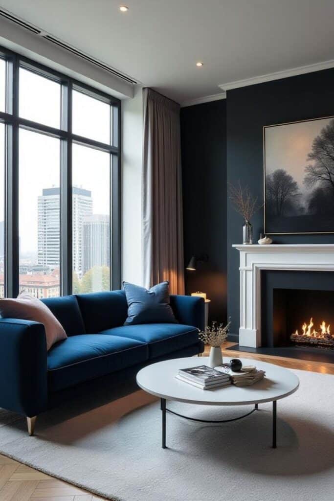 Modern living room with blue sofa, round table, and fireplace, featuring large windows and city view.