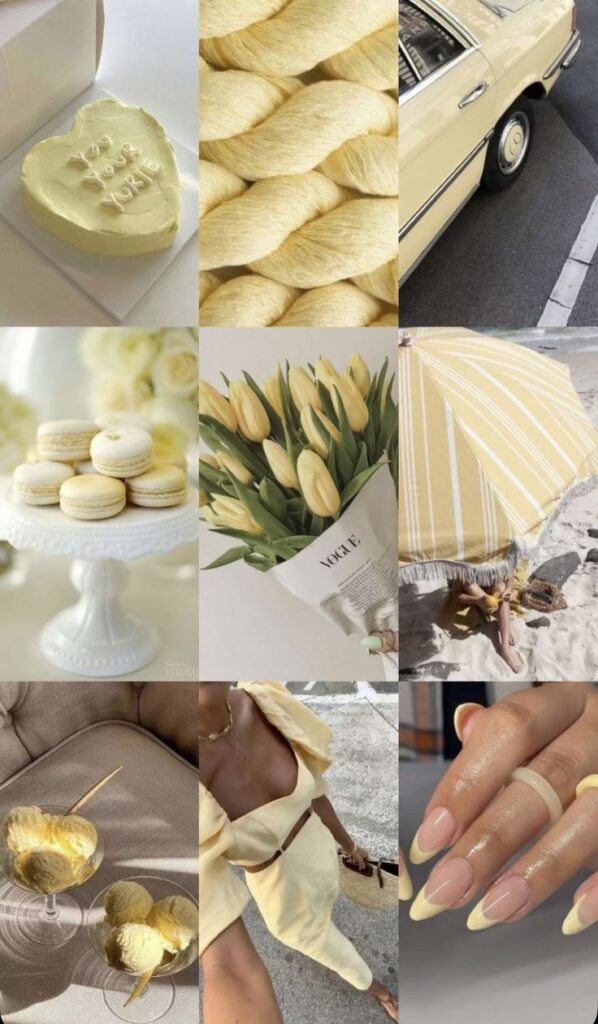 Aesthetic yellow collage with flowers, accessories, food, and beach elements for a bright, sunny vibe.