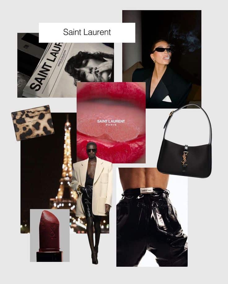 Saint Laurent fashion collage featuring accessories, models, and bold red lipstick for luxury brand inspiration.