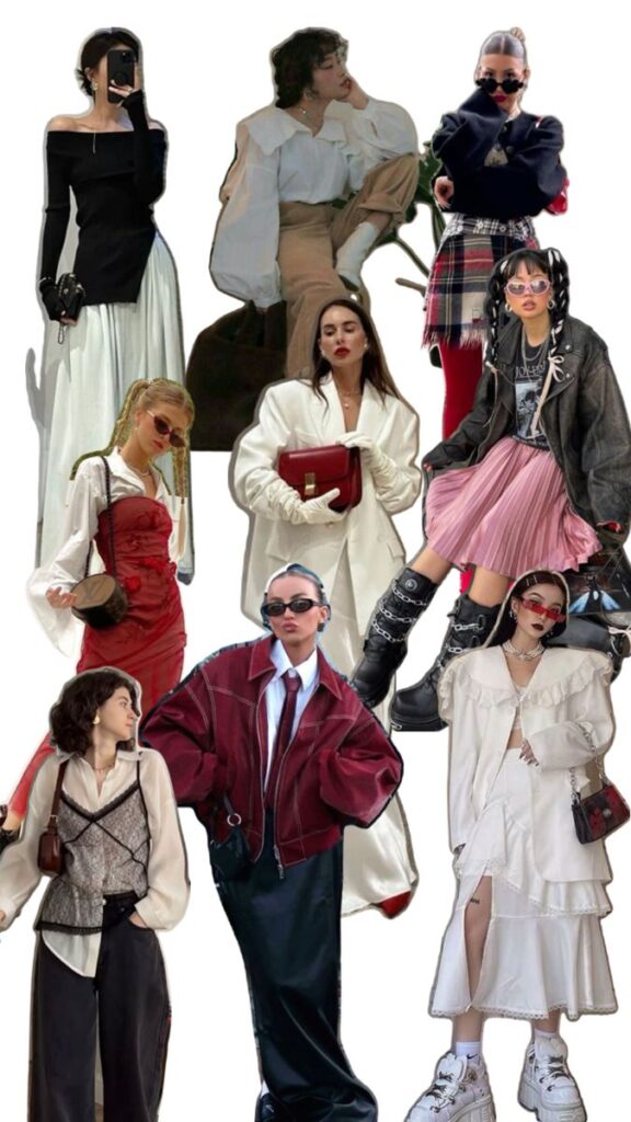 Fashionable people wearing eclectic, trendy outfits; showcasing diverse street style looks and accessories.