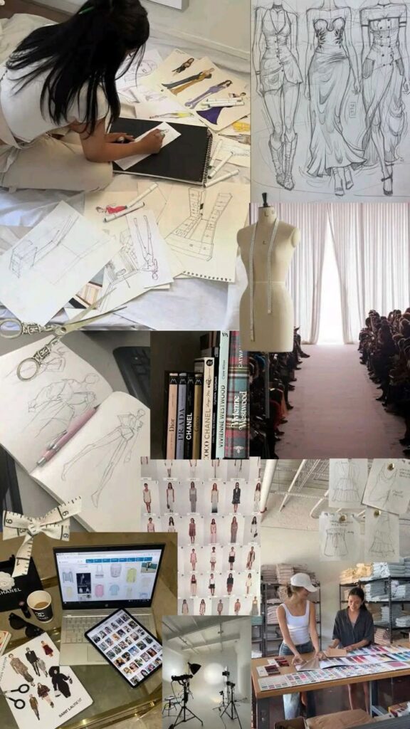 Fashion design mood board with sketches, fabric samples, runways, and digital tools in a creative workspace.